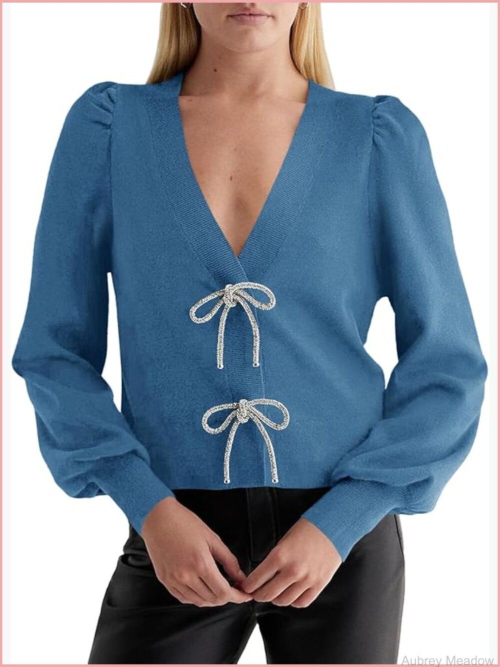 Cropped V-Neck Bow Button Cardigan Sweater